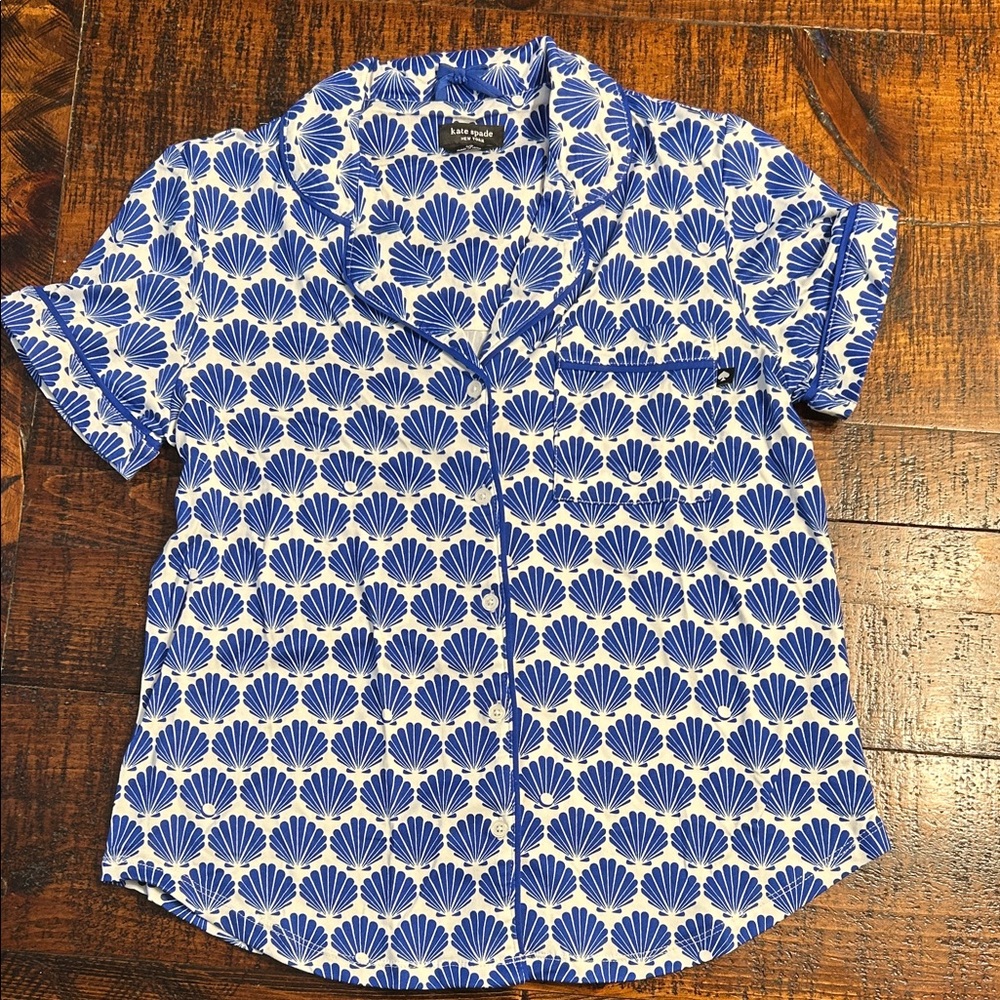 Kate Spade Pajama Top Blue and White Fan Pattern